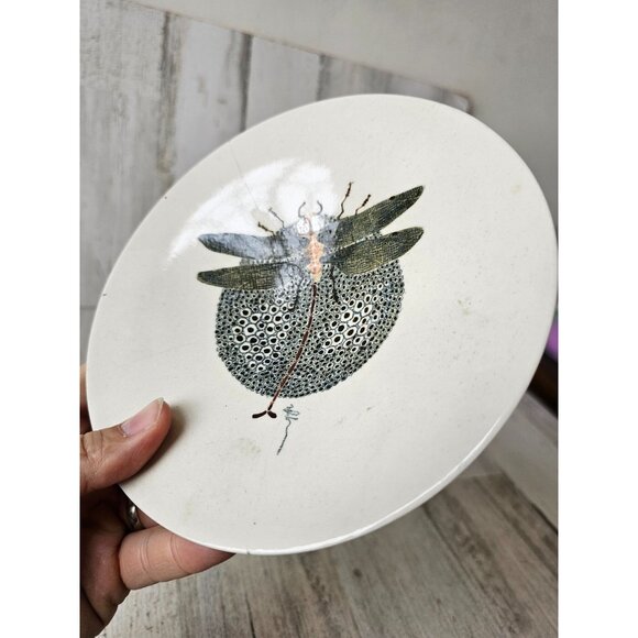 Signed dragonfly plate pedestal AS IS insect unique vintage - Picture 2 of 9
